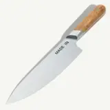 A stainless steel chef's knife with a wooden handle, featuring the text "MADE IN" on the blade.