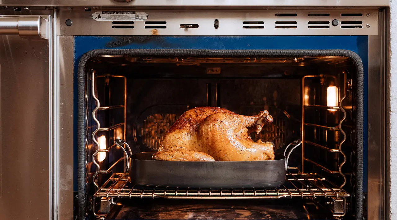 A golden-brown roasted turkey in a roasting pan inside an oven, illuminated by the oven's light.