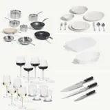 A collection of kitchen cookware, dinnerware, glassware, and knives arranged neatly on a light background.