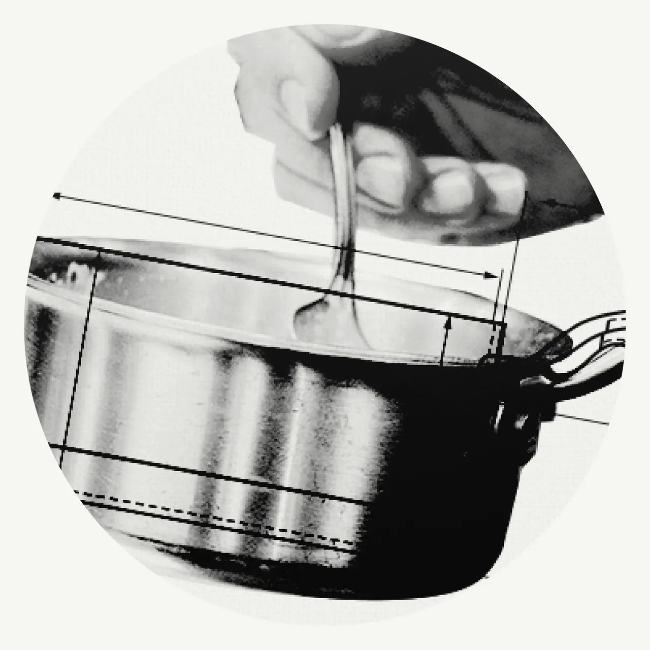 A hand stirs a pot with a spoon, surrounded by technical measurements and design lines.