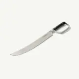 A stainless steel kitchen knife with a curved blade and a black handle lies on a white surface.
