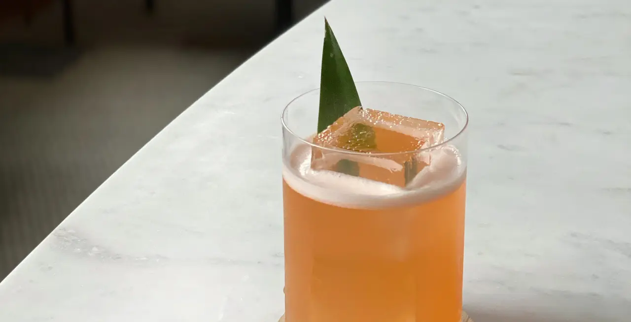 A refreshing cocktail with a frothy top and a green leaf garnish served on a marble counter.