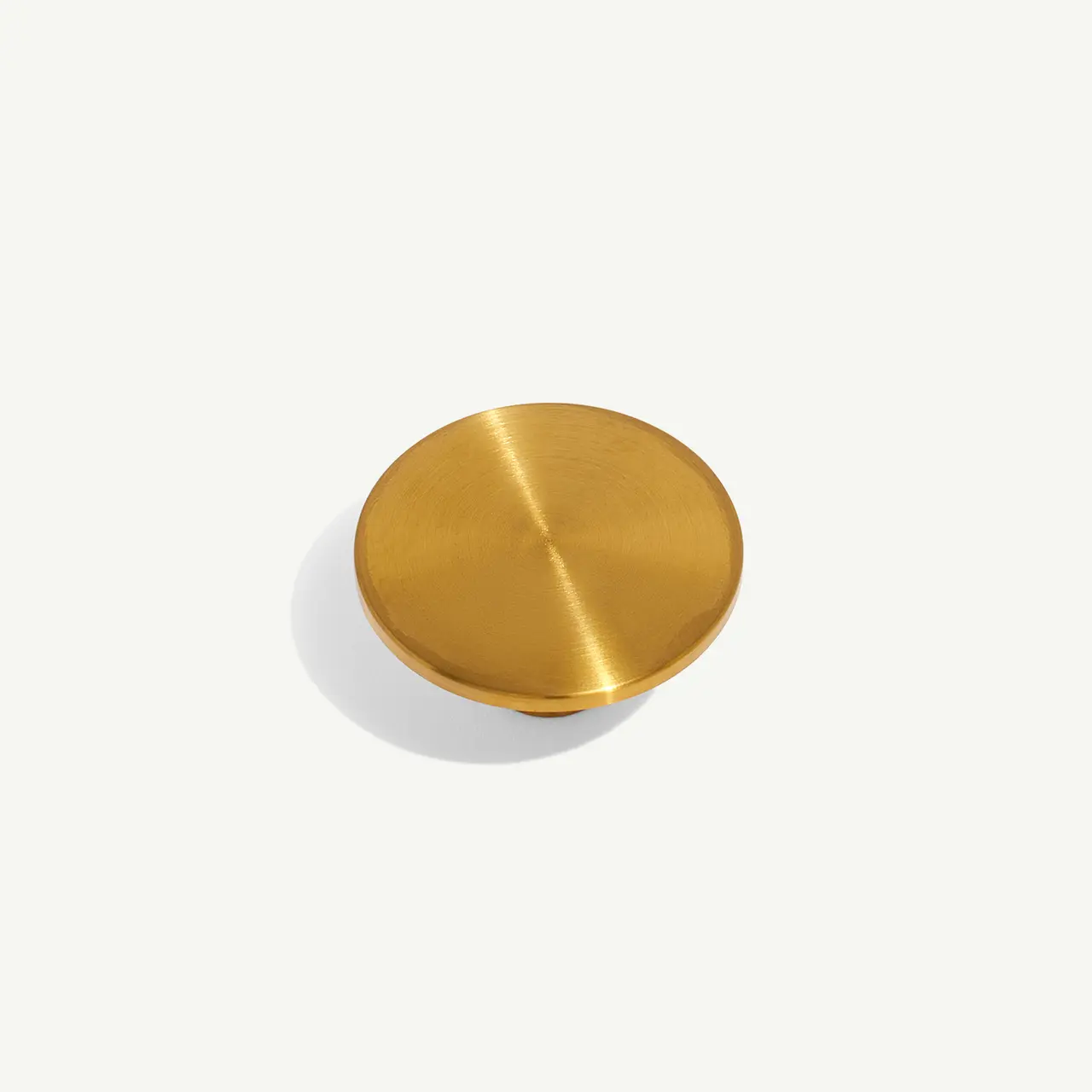 A circular brass knob with a brushed finish is centered on a bright background.