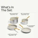 A cookware set consisting of an 8QT stock pot with lid, a 4QT sauce pan with lid, a 3.5QT sauté pan, and a 10" frying pan, all featuring a CeramiClad™ finish.