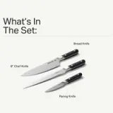Three types of kitchen knives are displayed, labeled as a Bread Knife, an 8" Chef Knife, and a Paring Knife.