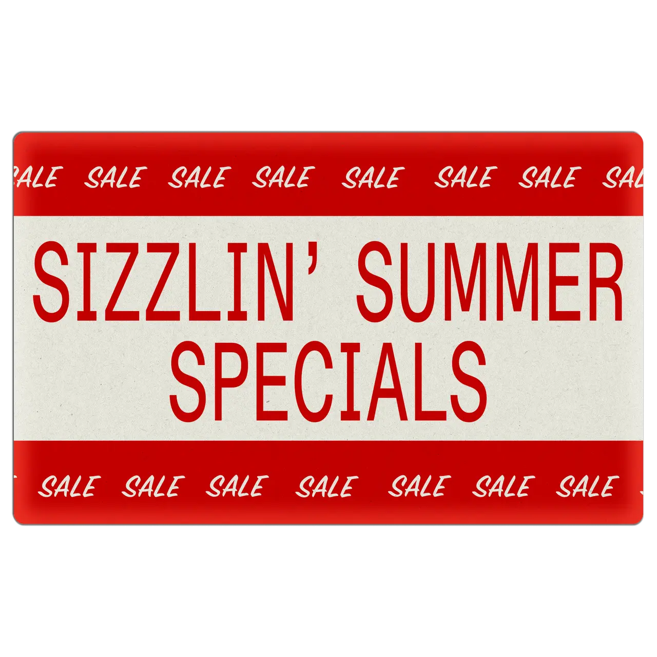 A red and white promotional banner announces "SIZZLIN' SUMMER SPECIALS" with "SALE" repeated across the top and bottom.
