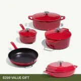 A collection of five red cookware items is showcased, including pots, a frying pan, and a casserole dish, with a label indicating a value of $299.