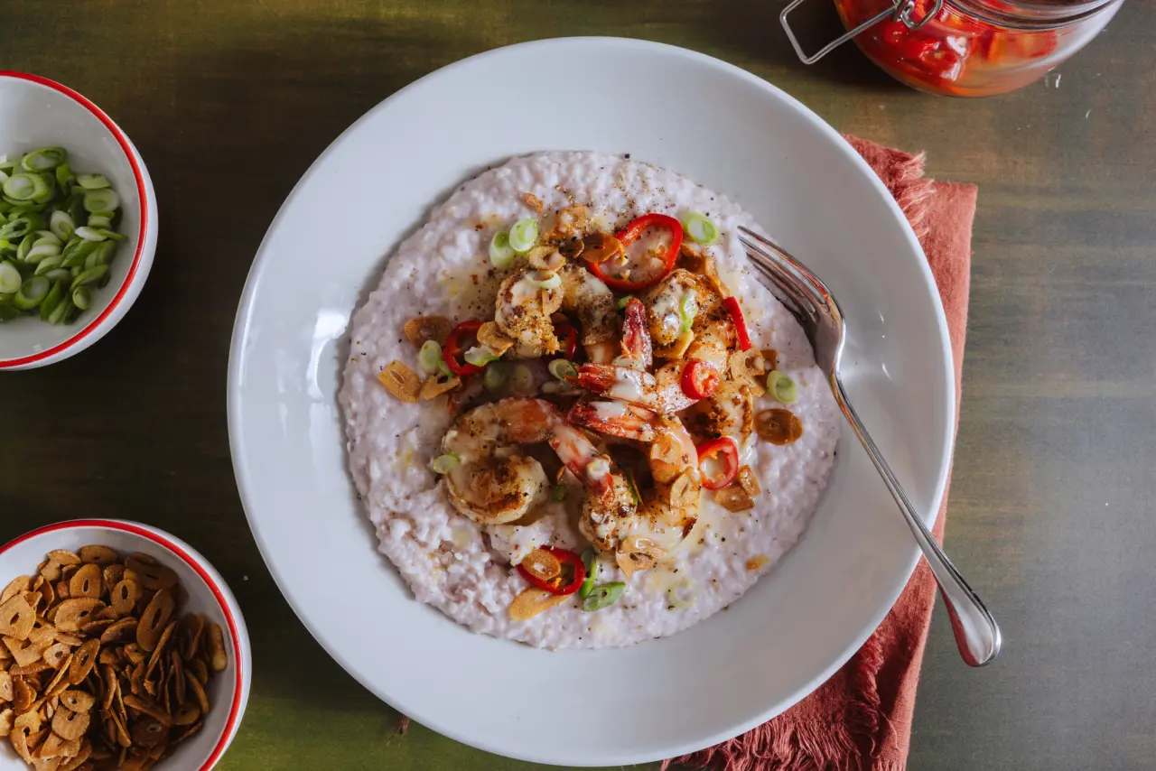 Louisiana Shrimp and Unicorn Grits with Chili–Lemon Butter