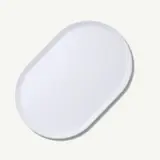 A plain white oval-shaped plate is centered against a light background.