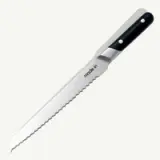 A serrated bread knife with a black handle on a white background.
