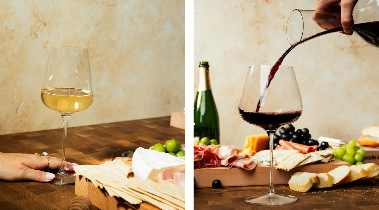 A split image showing on the left a hand holding a glass of white wine with a grazing platter in the background, and on the right, red wine being poured into another glass with similar food items nearby.