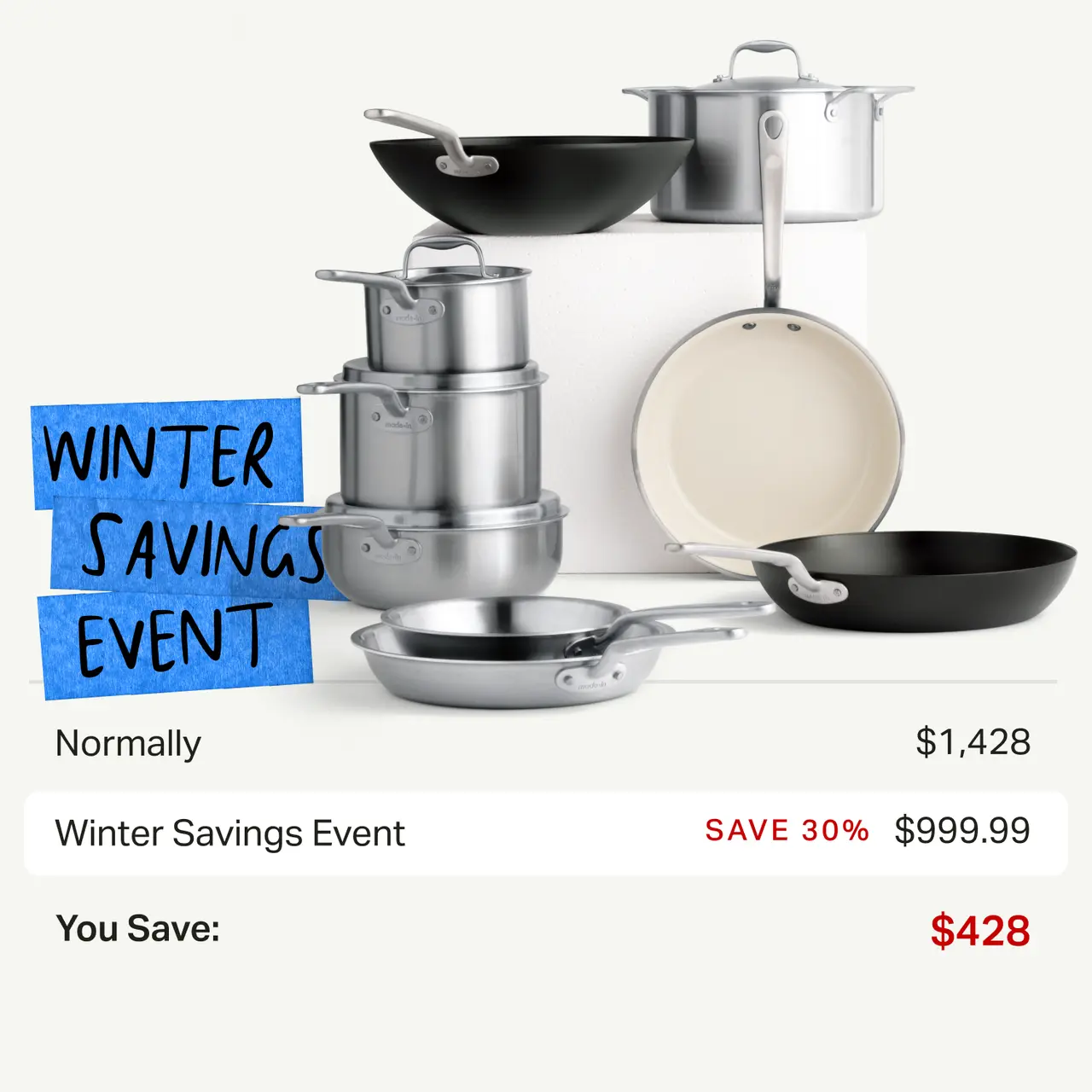 A collection of cookware is displayed alongside promotional graphics highlighting a Winter Savings Event, showing a 30% discount off the normal price.