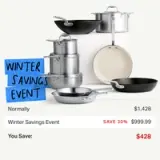 A collection of cookware is displayed alongside promotional graphics highlighting a Winter Savings Event, showing a 30% discount off the normal price.