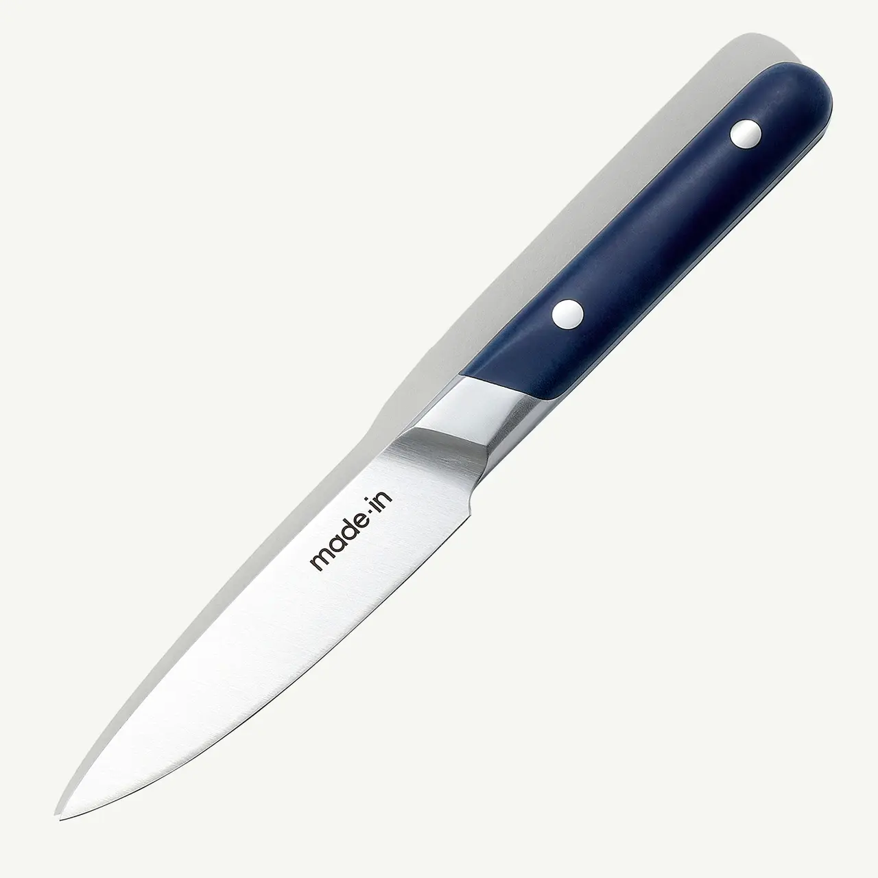 A kitchen knife with a stainless steel blade and a dark handle lies against a light background.