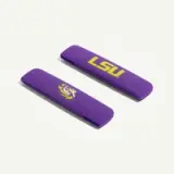 Two purple hair clips featuring the LSU logo and a tiger design.