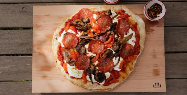 Grilled Pizza with Mushrooms and Pepperoni