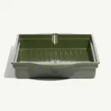A rectangular, olive green drip tray with ridges and a slight indentation in the center.