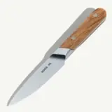 A kitchen knife with a stainless steel blade and a wooden handle, featuring a minimalist design and the text "MADE IN" on the blade.