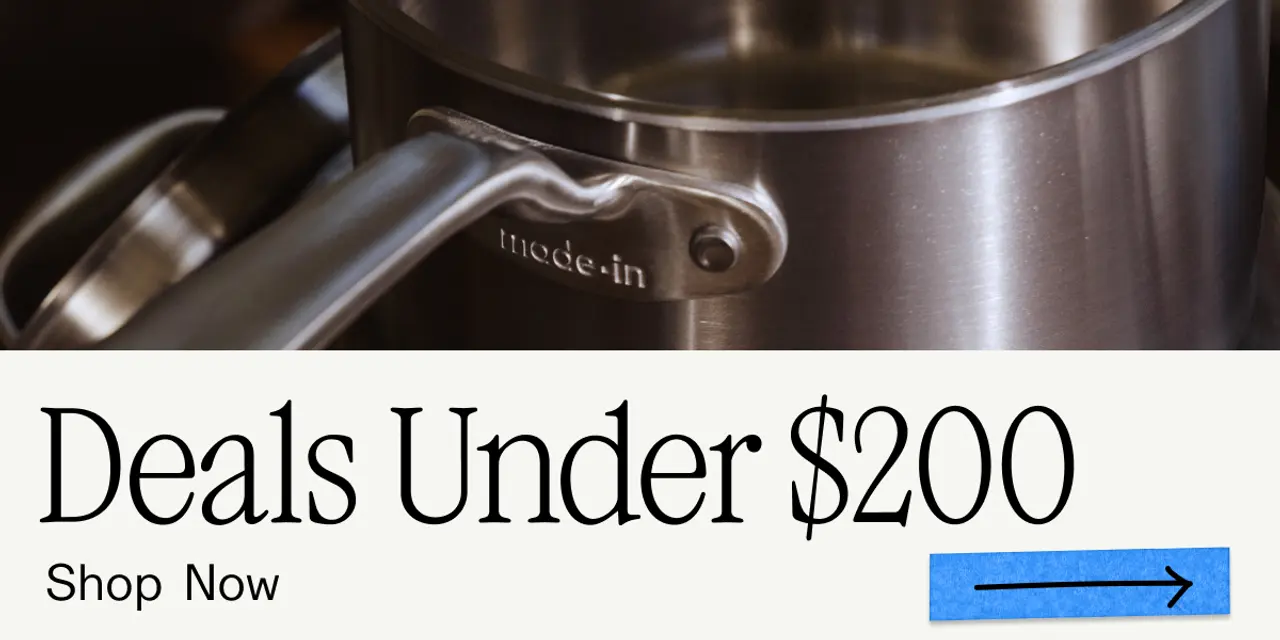 A stainless steel saucepan is shown alongside promotional text for deals under $200.