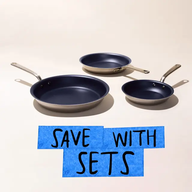 The image shows three different-sized non-stick frying pans above a text that reads "SAVE WITH SETS," suggesting a promotional sale on kitchenware sets.