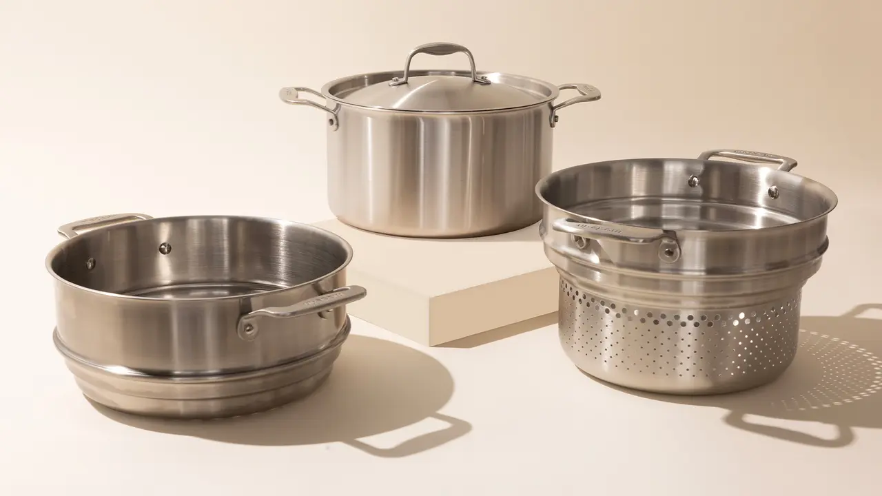 stock pot with steamer and pasta insert