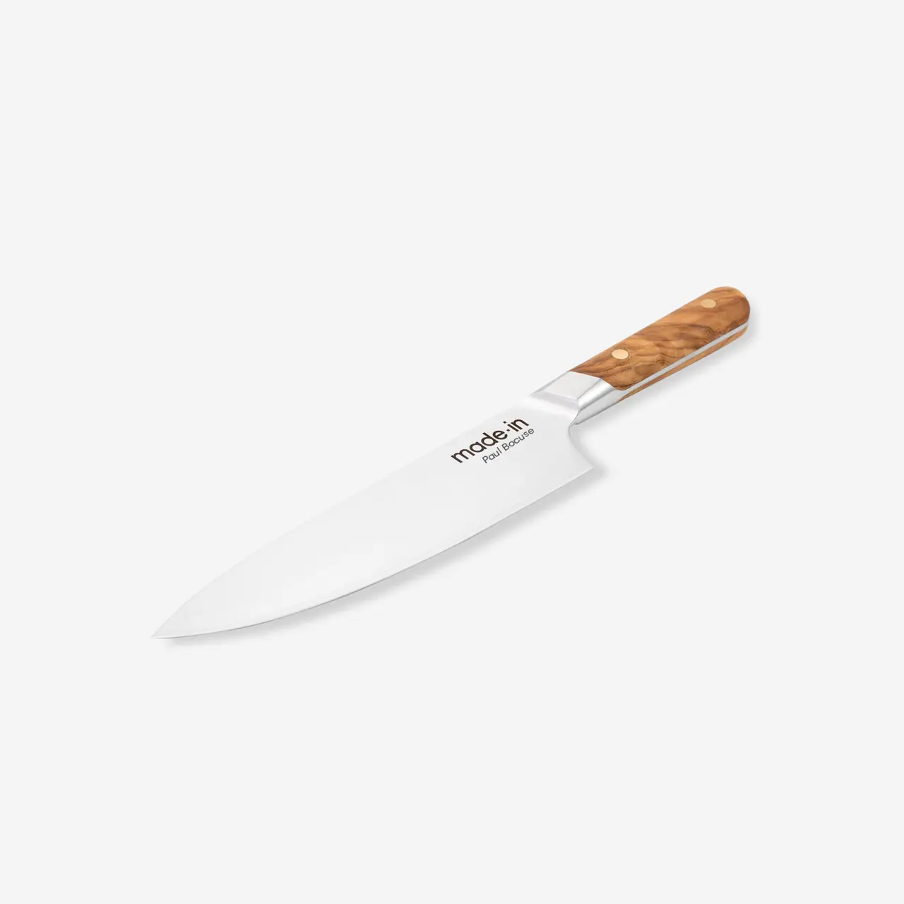 A chef's knife with a smooth wooden handle and "made in" text on the blade against a white background.