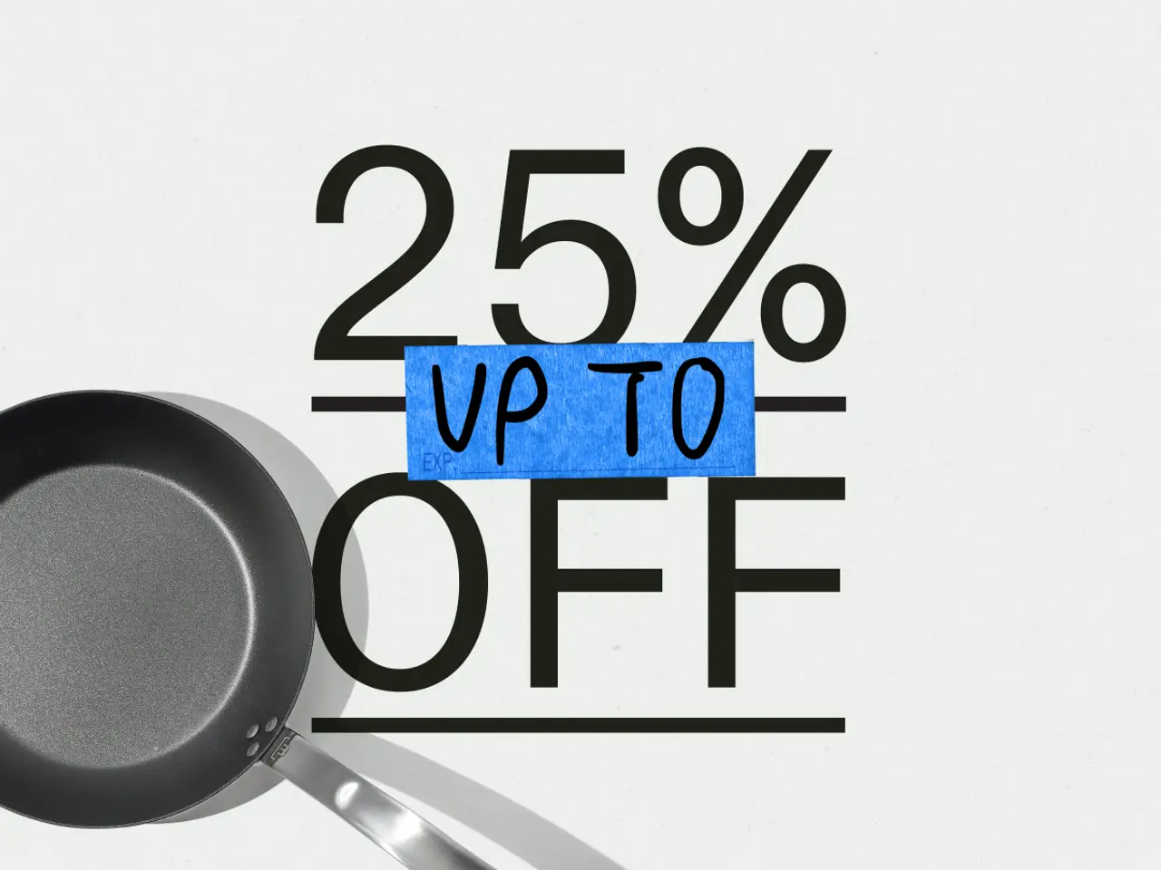A frying pan is shown next to a promotional text indicating "25% OFF" with "UP TO" highlighted in blue tape.
