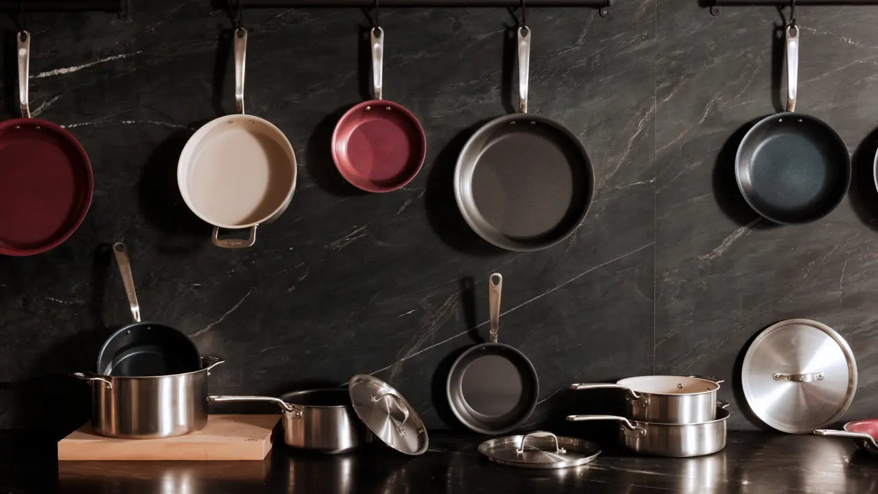 A variety of pots and pans are neatly organized against a dark wall, some hanging and others placed on a surface, showcasing different sizes and colors.