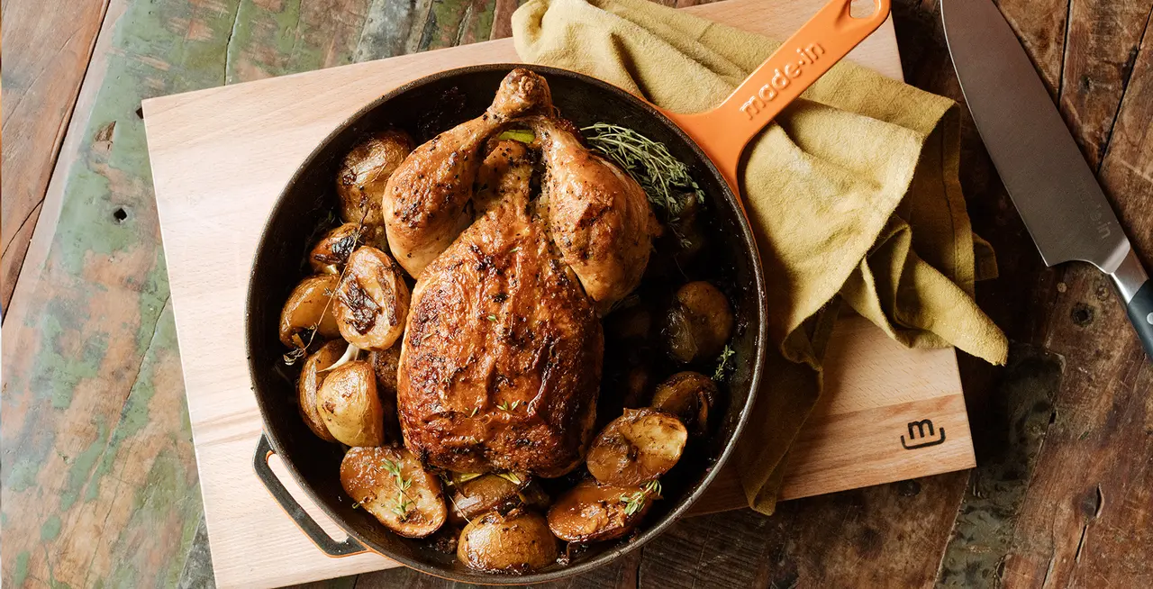 skillet roast chicken with hen of the woods, leeks and pan sauce