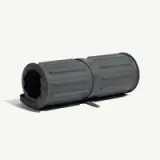 A green, cylindrical object resembling a trash can or storage container is shown, with a split in the middle and a flat base.