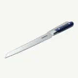 A serrated bread knife with a black handle lies isolated on a white background.