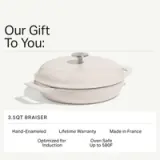 A 3.5-quart hand-enameled braiser made in France, designed for induction cooking and oven safe up to 580°F, is presented as a gift.