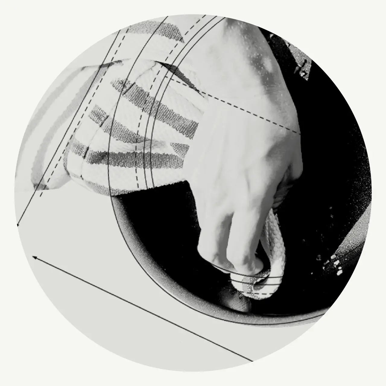 A hand holds a kitchen towel while cleaning a black circular surface, with graphic lines and patterns overlaying the image.