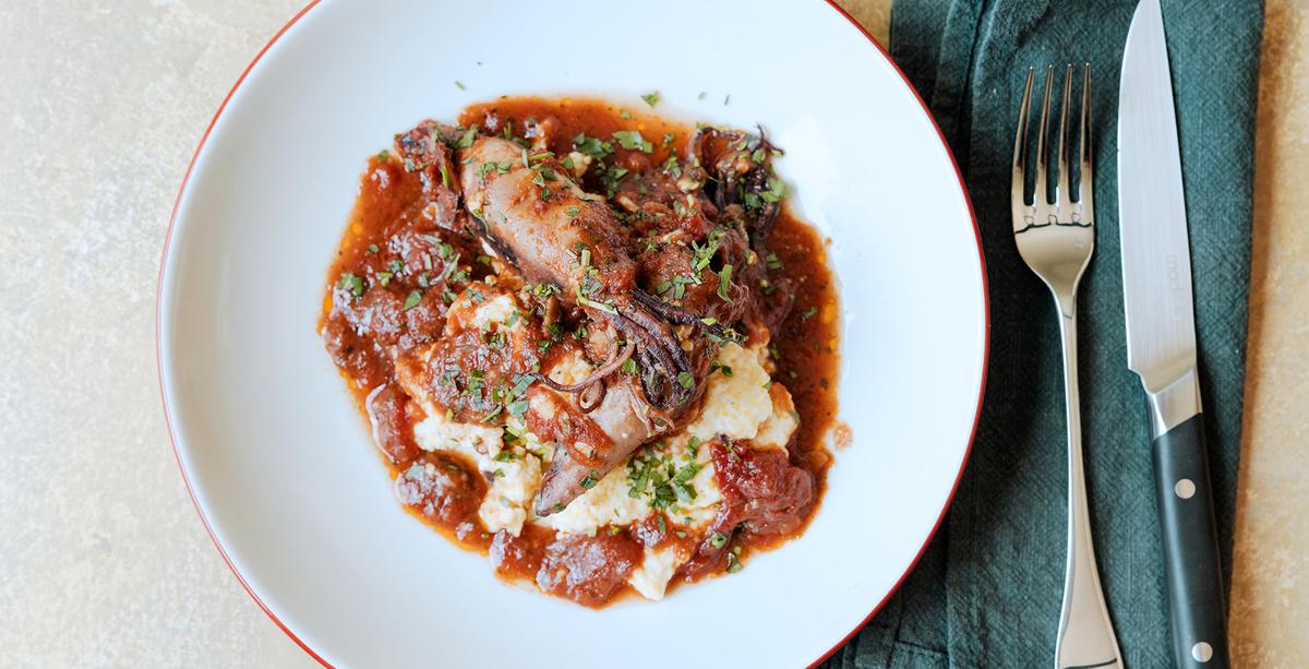 Tomato-Braised Stuffed Squid with Grits - Made In