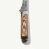 A close-up of a pocket knife with a wooden handle, showcasing the intricate grain pattern and sleek design.