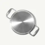 A round stainless steel pot with two handles, displaying the text "MADE IN" on its surface.