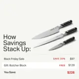 A promotional graphic highlights a Black Friday sale on kitchen knives with a 30% savings of $97 and a free butcher block, totaling a savings of $226.