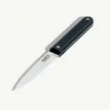 A folding pocket knife with a black handle and stainless steel blade is displayed against a light background.