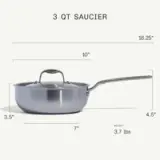 A stainless steel 3-quart saucier pot with dimensions and weight displayed for reference.
