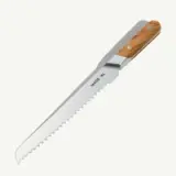 A serrated kitchen knife with a wooden handle and a sleek stainless steel blade.