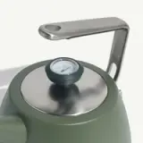 A green kettle with a stainless steel lid and built-in thermometer on top.