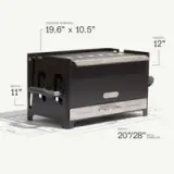 A black grill with specifications listed, including dimensions for cooking surface, height, depth, and width.