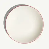 A plain white bowl with a red rim on a white background.