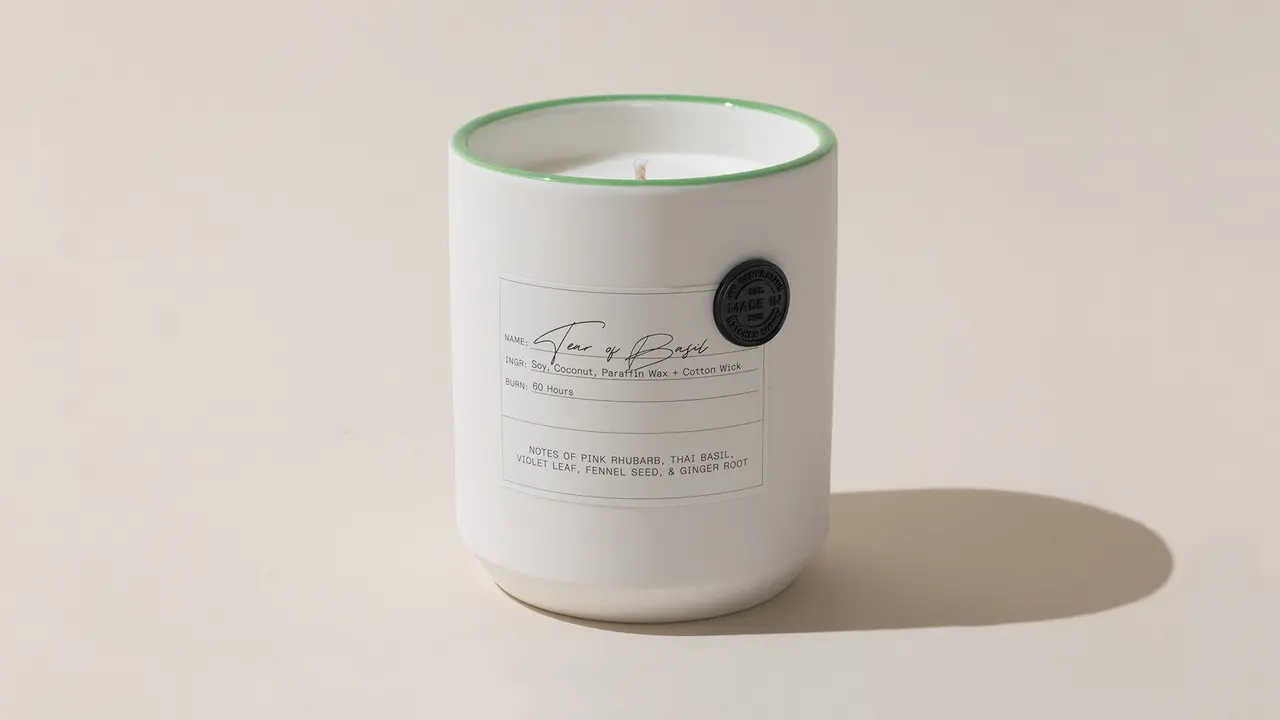 A scented candle with a green wax top and label detailing sits casting a shadow on a plain background.