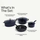 Four pieces of enameled cast iron cookware are displayed, including a 7.5QT Dutch oven, a 5.5QT Dutch oven, a 2QT saucepan, and an 11" skillet.
