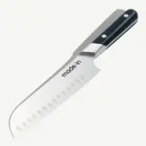 A stainless steel kitchen knife with a black handle and the brand name "made-in" printed on the blade.