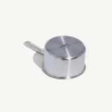 A stainless steel saucepan is turned upside down showing its flat base and handle.