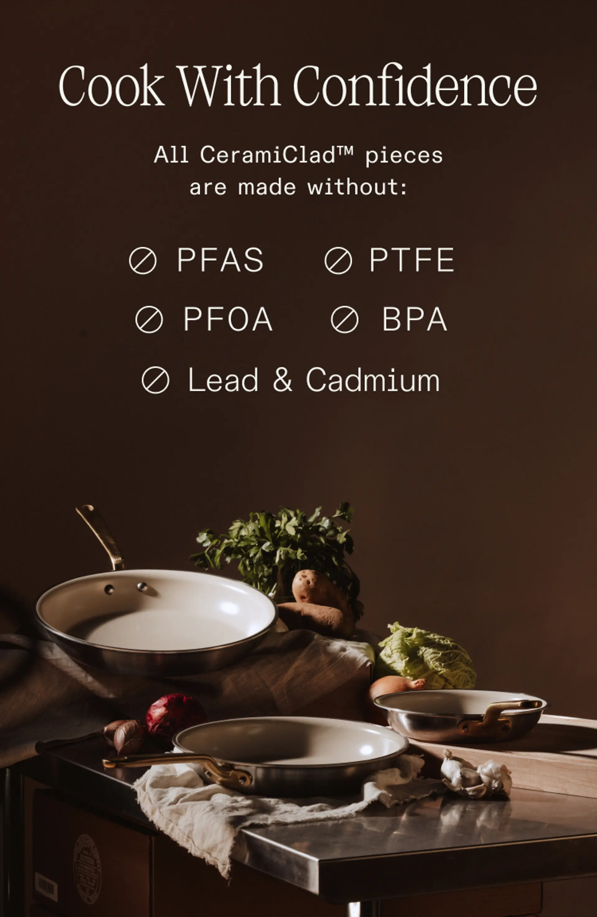 A promotional graphic for CeramiClad™ cookware highlighting the absence of harmful substances like PFAS, PTFE, PFOA, BPA, lead, and cadmium.