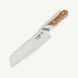 A stainless steel chef's knife with a wooden handle is displayed against a light background.