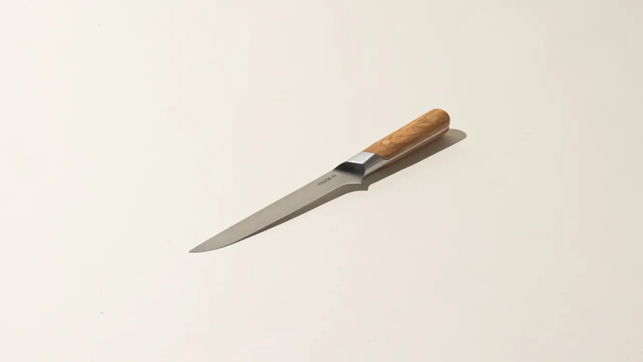 A kitchen knife with a wooden handle lies on a neutral-toned surface.